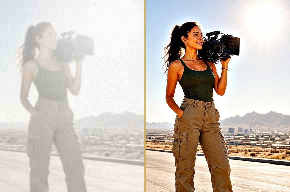 Original vs Enhanced 4K: videographer in harsh sun